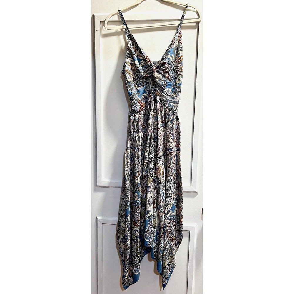 Angie Women's L Blue Paisley V-Neck Sleeveless Smocked Asym Hem Dress 34" Chest